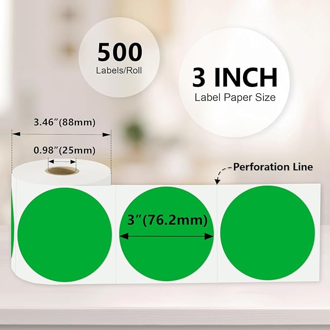 3 x 3Inch Round Color Coding Labels Circle Thermal Labels Printable Waterproof 500Pcs Round Stickers Adhesive Writable for Office,Home,Garage,DIY Sticker,Barcodes,Name Tag, Green