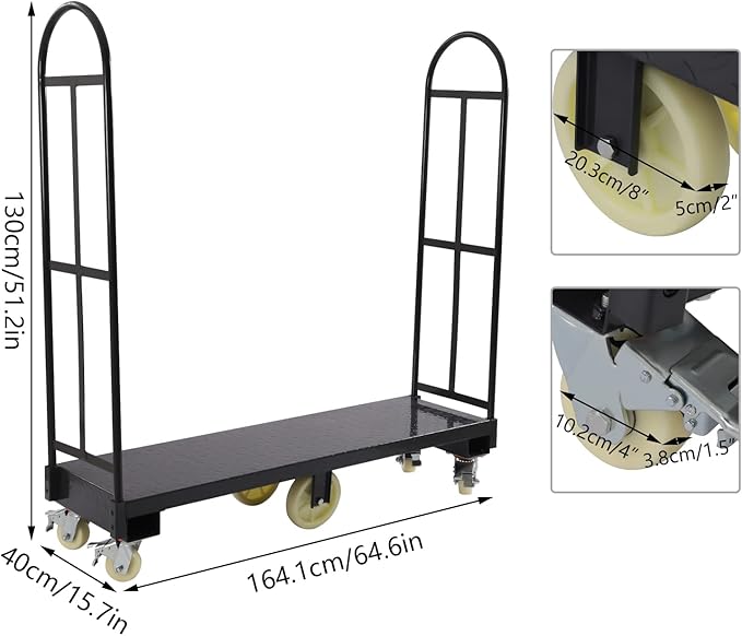 65"x16" U-Boat Steel Platform Cart Dolly with Removable Handles & 6pcs Wheels,Heavy Duty Industrial Narrow Aisle Hand Truck for Warehouse Transport,2000 lbs Capacity