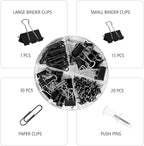 Paper Clips and Binder Clips Set, Metal Assorted Sized Binders with Push Pins, Black Office Supplies for Desk, Durable Desk Accessories