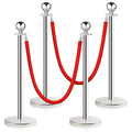 Stainless Steel Stanchion Post Queue,5 ft Red Velvet Rope Red Carpet Ropes and Poles Crowd Control Barriers,Sand Injection Hollow Base and Velvet Ropes Set for Party Supplies (4 Pieces, Silver)