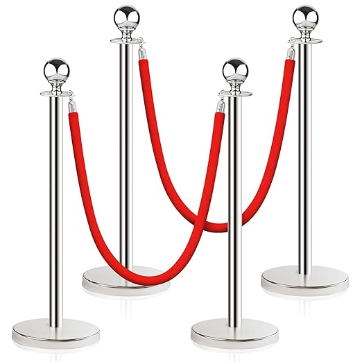 Stainless Steel Stanchion Post Queue,5 ft Red Velvet Rope Red Carpet Ropes and Poles Crowd Control Barriers,Sand Injection Hollow Base and Velvet Ropes Set for Party Supplies (4 Pieces, Silver)