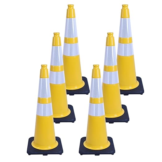 6 Pack 28 Inch Yellow Reflective Traffic Cones, Heavy Duty Black Base Safety Cones for Work Zones, Roadside Assistance and Maintenance Areas (6, Yellow, 28 Inch)