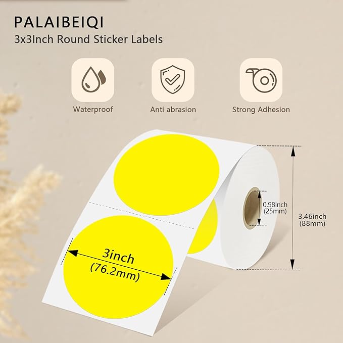 3 X 3 Inch Round Thermal Labels Circle Color Coding Labels Printable Waterproof 500PCS Round Stickers Adhesive Writable for Office, Home, Garage, DIY Sticker, Name Tag, Yellow