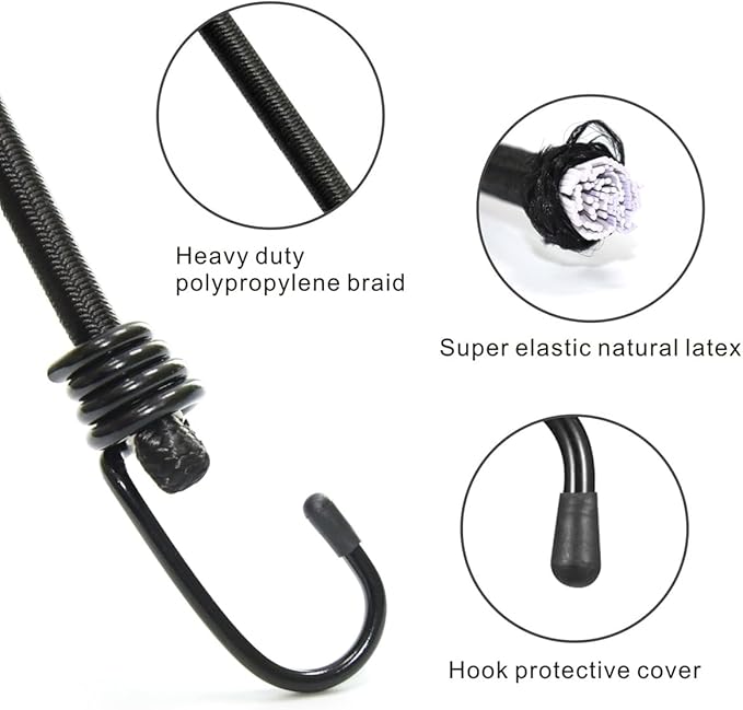 Bungee Cords with Hooks, Heavy Duty Outdoor Elastic Bungee Straps，No Odour Industrial Grade Bungee Rope for Securing Tarps, Luggage, Tents, Bikes or Garden Tidying 24inch 4Pcs (Black)