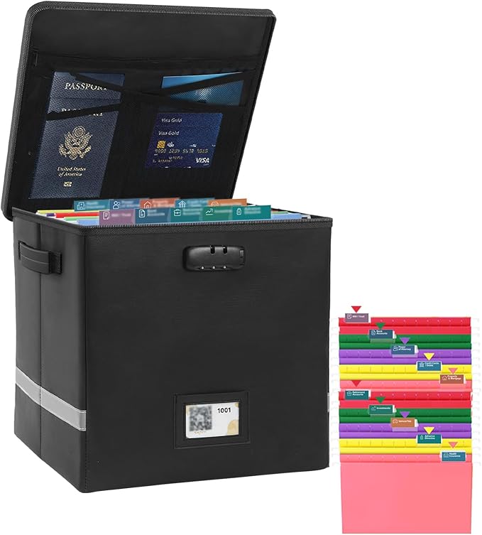 Medium Next of Kin Box Organizer with Smart Labels, Fireproof Foldable File Organizer with Combination Lock, 10 Hanging Files and 20 Category Labels for Label Documents,(M:13 * 13 * 13in)