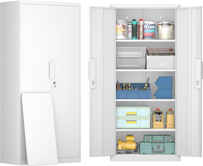 LUCYPAL Garage Storage Cabinets with Lock Doors,Metal Garage Storage Cabinets with 4 Adjustable Shelves for Home,Office, Warehouse(White)