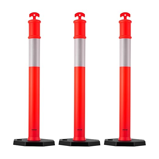 VEVOR 3 Pack Traffic Delineator Posts, 48 inches Traffic Safety Cones with Weighted Base and Reflective Strips, Heavy Duty Delineator Posts for Construction Site, Parking Lot, Crowd Control, Red