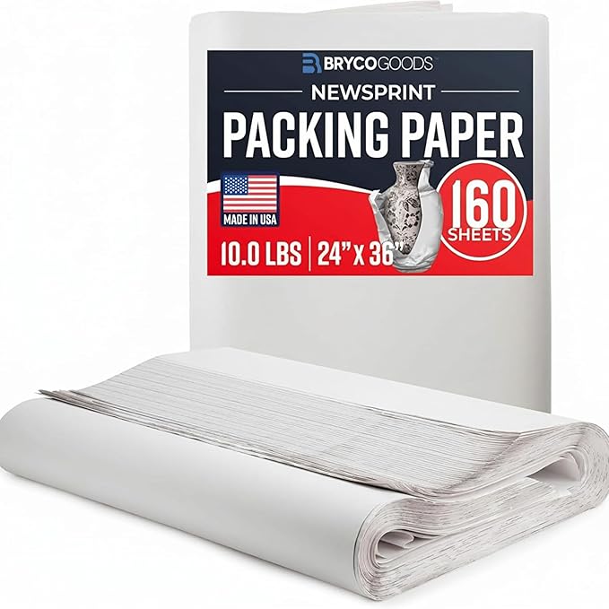Bryco Goods 24" x 36" Newsprint Packing Paper Sheets for Moving | 160 Sheets | 10lb | Made in USA | Newspaper Paper | Must Have in Your Shipping Supplies