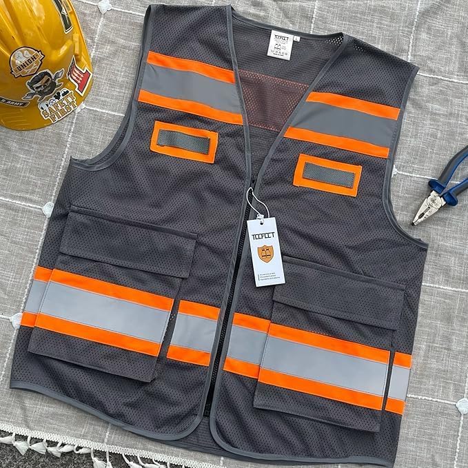 TCCFCCT Mesh Reflective Safety Vest with Pockets High Visibility Vest for Men Women, Work Vest with Fluorescent Orange Extend Edge, Meets ANSI/ISEA Standards, Grey, S
