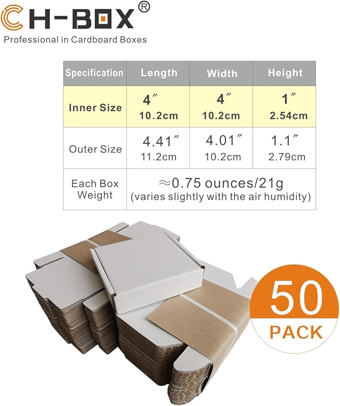 50 Pack 4x4x1'' Small Shipping Boxes, Corrugated Cardboard Mailers for Business, White (CM441)