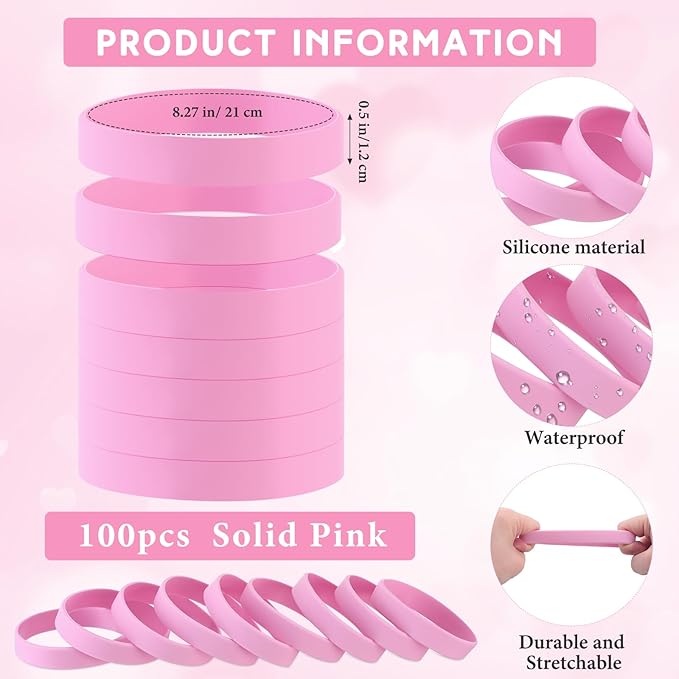 Liliful 100 Pcs Silicone Rubber Wristbands Rubber Wristband Bracelet Bands for Silicone Wristbands for Women Men(Pink)