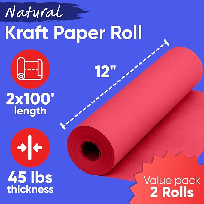 12" x 1200" (100 ft) Red Kraft Paper Roll (Value Pack of 2), 45 lbs Thickness, Made in USA Colored Kraft Paper for School, Bulletin Board - Odorless, Non-Toxic, Safe for Kids