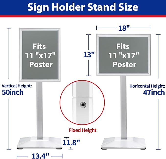 Pedestal Sign Holder 11x17inch Adjustable Floor Stand With Heavy Base & Snap Frame Display for Indoor Outdoor Business Store Poster (Silver)