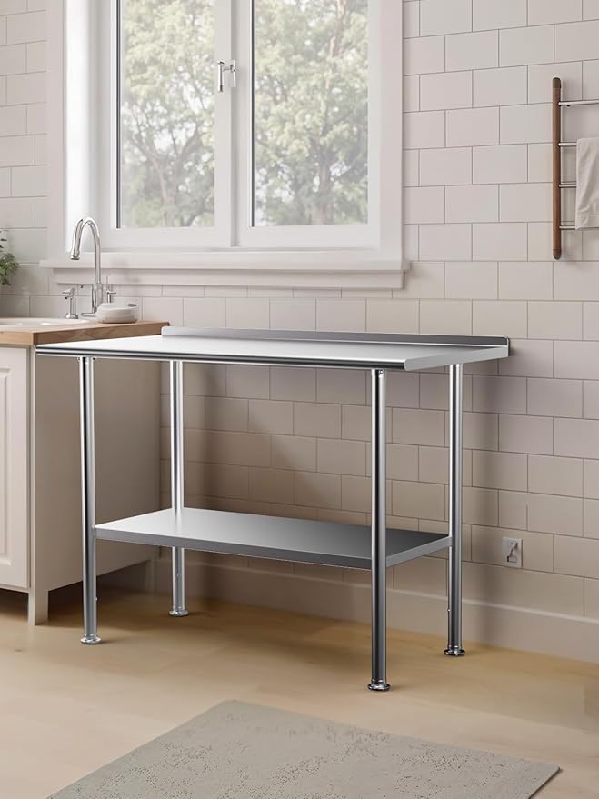 All-Stainless Steel Prep Table, 30 X 48 Inch, with Rounded-Corner Backsplash and Adjustable Undershelf, Heavy-Duty for Outdoor Use,Restaurants,Hotels,Workshops,Kitchens,Gardens, and Garages