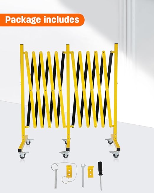 GCCSJ Expandable Metal Barricade with Wheels, 16.4 Feet Long Folding Security Gate, Retractable Metal Barrier for Construction Site Elevator Traffic Control Garage, Yellow Black