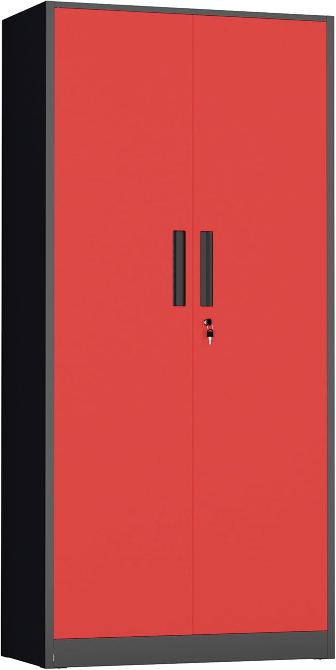 INTERGREAT Metal Storage Cabinet with Lock, 61" H Metal Cabinets Storage with 2 Doors and 4 Adjustable Shelves, Locking Garage Cabinet for Home Office, Kitchen, Bathroom (Black Red)