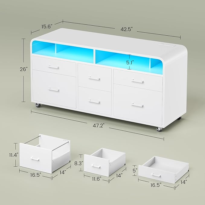 SEDETA 6 Drawer File Cabinet with Power Strip, 47" Wood Mobile Lateral Filing Cabinet fits Legal/Letter/A4 Size for Home Office, Printer Stand with Storage Shelf and Led Lights, White
