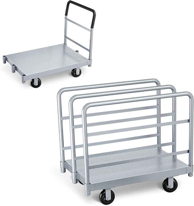 Steel Panel Cart, Lumber Cart with Flexible＆Quiet Wheels, Heavy Duty Drywall cart with 1Front and 3Side Handrails, 2500 LBS Industrial Grade Weight Capacity