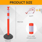 6 Pack 40 Inch Traffic Delineator Posts with Fillable Base and 6.6FT Plastic Chain, Safety Delineator Post Cones with 2 White Reflective Stripes for Construction Work (Red)