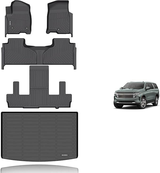KELCSEECS® Floor Mats & Cargo Liner Custom for 2021-2026 Chevrolet Suburban/GMC Yukon XL 7 Seats with 2nd Bucket Seats All Weather Protection TPE Liners Full Set Chevy Suburban Accessories Black