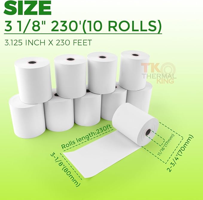 (10 Rolls) 3 1/8" x 230' Thermal Paper, Premium Quality POS Receipt Paper for Retail Business Cash Register, Fits Most Credit Card Terminal Point Of Sale
