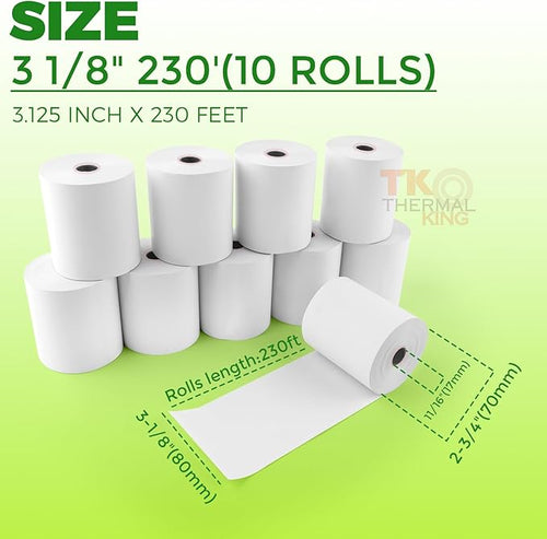 (10 Rolls) 3 1/8" x 230' Thermal Paper, Premium Quality POS Receipt Paper for Retail Business Cash Register, Fits Most Credit Card Terminal Point Of Sale
