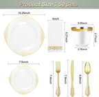 350PCS Clear Gold Plastic Plates for 50 Guests, Disposable Dinnerware Set Includes 100 Clear Disposable Plates, 150 Gold Silverware, 50 Cups, 50 Napkins for Party, Wedding