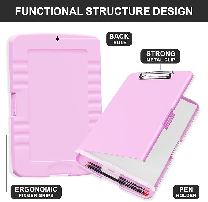 Plastic Clipboard with Storage, 8.5 x 11 Storage Organization Box Side-Opening, Heavy Duty Clip Board with Pen Holder and Paper Folder for Nurses, Teachers, Office & School Supply, Dark Pink