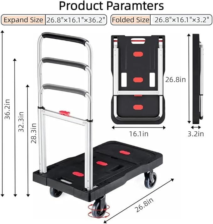 Folding Hand Truck, 330 Lbs Heavy Duty Luggage Cart, Portable Push cart Dolly with Adjustable Handle for Auto, Luggage, Personal, Travel, Moving Shopping and Office Use