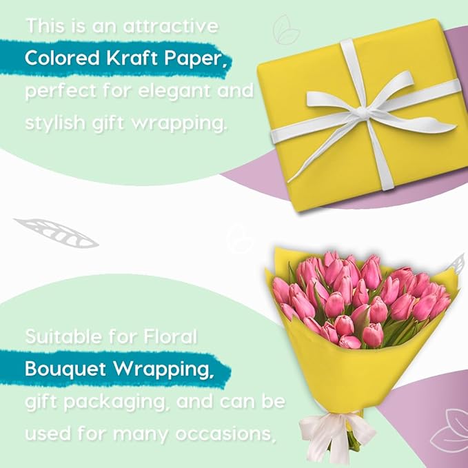 PerkHomy 48" x 1,440" (120') Lemon Yellow Kraft Paper Roll for Craft Bulletin Board Paper Art Table Covering Crafting Gift Wrapping Bouquet Packing Parcel 80GSM 55LB (Lemon Yellow, 48" x 120')