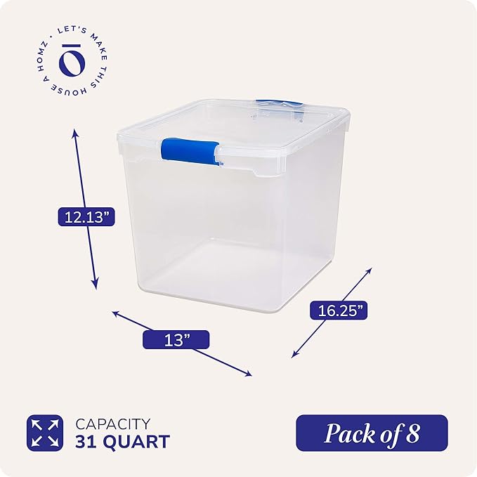 HOMZ 8-Pack Secure Latch, Clear Plastic Storage Organizer Bins, 31 Quart, Blue Latches - Stackable Container Boxes for Bedroom, Bathroom, Garage, and Office Organization