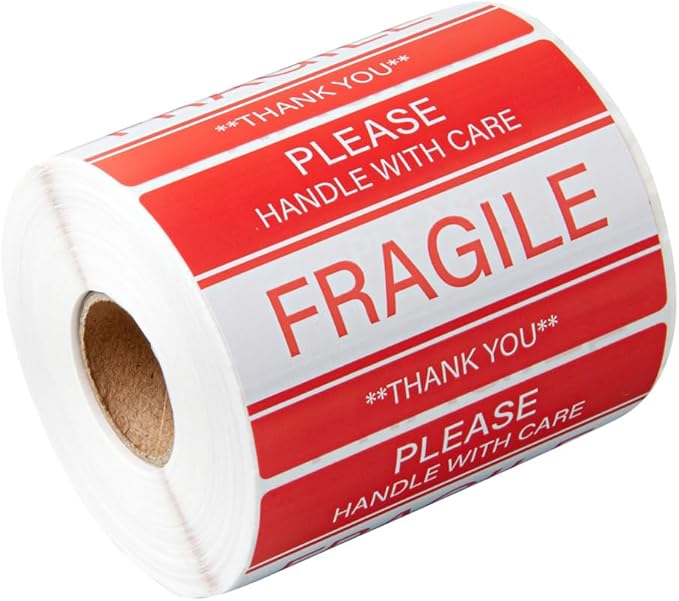 Restaurantware Label Tek 3 x 2 Inch Packaging Stickers 500 Premium Shipping Labels - Handle with Care Sustainable Red and White Paper Inventory Stickers High-Visibility with Strong Adhesives