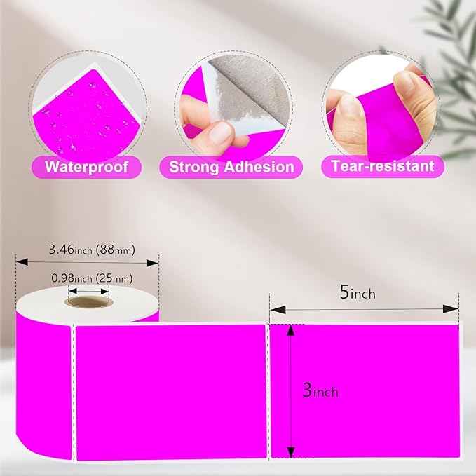 3 X 5 Inch Printable Waterproof Rectangle Color Coding Labels, 300 Per Roll Adhesive Color Coding Stickers for Bar-Codes, Address, Small Business Labeling, Fluorescent Purple