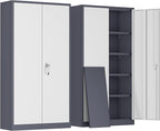 Greenvelly Metal Garage Storage Cabinet, Tall Locking Storage Cabinet with 2 Doors and 4 Adjustable Shelves, Steel Tool Cabinet, Lockable Filling Cabinet for Home, Office, Garage, School (Gray White)