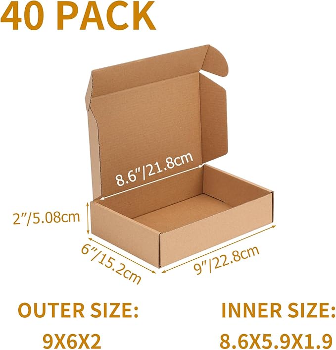 PHAREGE 9x6x2 inch Shipping Boxes Bulk 40 Pack Brown, Tab Lock Tuck Top Mailer Boxes for Packaging Small Business, Small Cardboard Gift Boxes for Wrapping Mailing Present