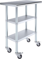 AmGood Stainless Steel Work Table with 2 Shelves and Casters | Metal Utility Table On Wheels (Stainless Steel Work Table with 2 Shelves + Casters, 30" Long x 18" Deep)