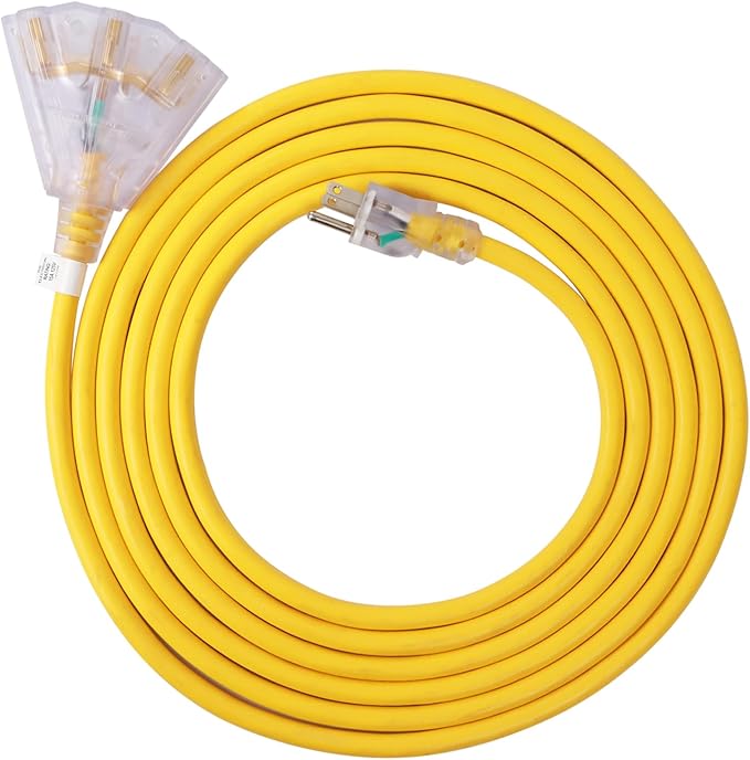 EP 25 Ft Lighted Outdoor Extension Cord with 3 Electrical Power Outlets - 14/3 SJTW Heavy Duty Yellow Extension Cable with 3 Prong Grounded Plug - Power Cord for Lawn, Garden, Appliances