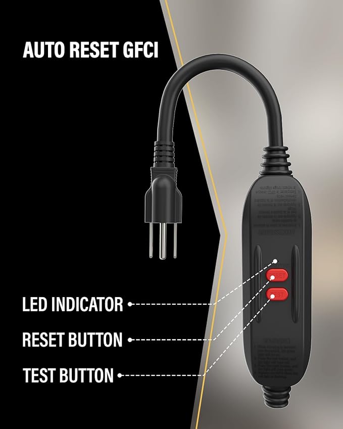 1 FT/30CM GFCI Extension Cord, 14AWG Heavy Duty Short Power Cable, 15A/125V, ETL Listed Inline GFCI Plug with Auto Reset for Pressure Washer, Vending Machine, Hot Tub, Outdoor Use