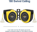 Retractable Extension Cord Reel, 65 Feet 12 AWG/3C SJTOW Heavy Duty Power Cord,15 AMP Circuit Breaker, 3-Lighted Triple Outlets, Ceiling or Wall Mount,Yellow