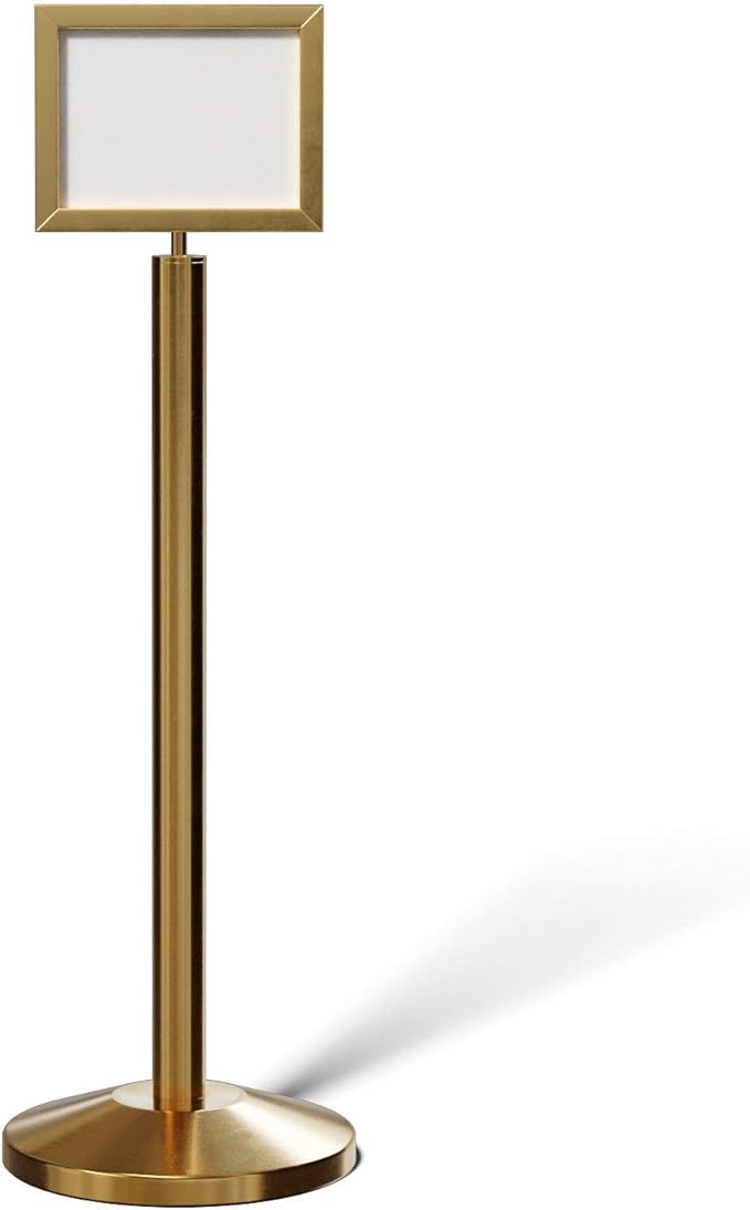 Crowd Control Warehouse Pedestal Standing Floor Sign Frame with Sloped Base, 8.5x11 Inch Horizontal, Satin Brass