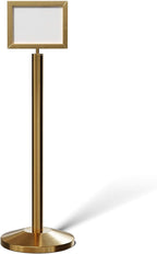 Crowd Control Warehouse Pedestal Standing Floor Sign Frame with Sloped Base, 8.5x11 Inch Horizontal, Satin Brass