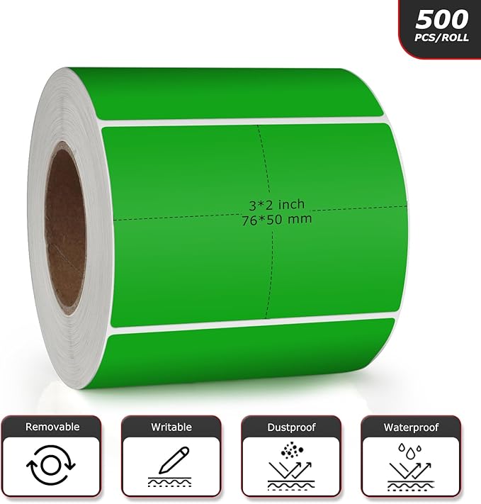 Green Rectangle Stickers 3 x 2 Inch Color Coding Labels Vinyl Roll Self-Adhesive Waterproof Removable 500 PCS