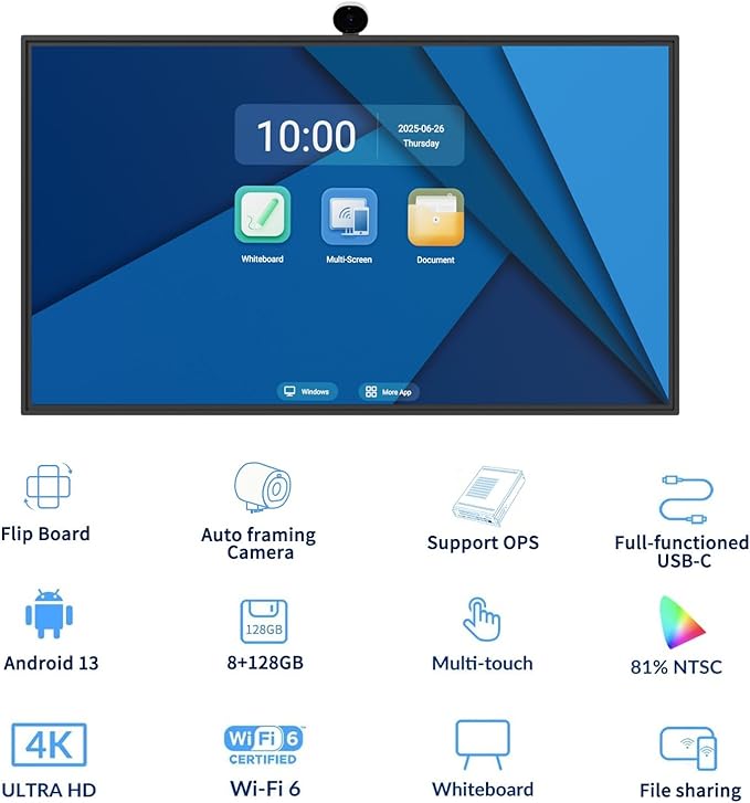 TIBURN Flip Board 55" S2 Smart Board, 4K UHD Smart Whiteboard with TIBURN HQ Eyes S2 Auto Framing Camera, Rotating Adaptive Smart Board, Digital Board for Home and Business with Stand