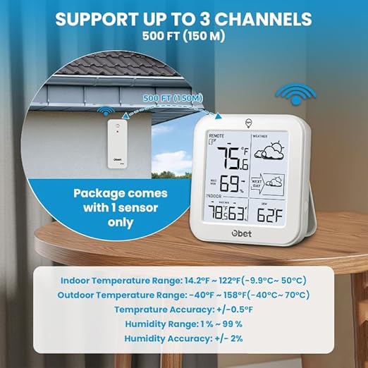 Indoor Outdoor Thermometer Wireless Weather Station, Battery Powered Inside Outside Thermometers Hygrometer Monitor with Backlight, Max/Min Record, Dew Point, Heat Index, Pressure (500 Feet)