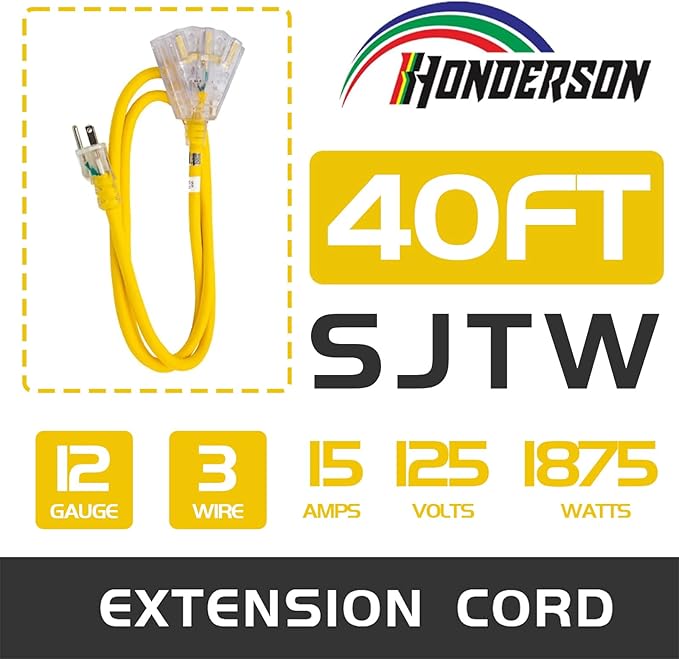 3-Outlets Indoor Outdoor Extension Cord Weatherproof with Lighted End, UL Listed, 12 Gauge 40FT Yellow 3 Prong Heavy Duty, 12/3 SJTW 15A Extension Cord
