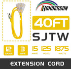3-Outlets Indoor Outdoor Extension Cord Weatherproof with Lighted End, UL Listed, 12 Gauge 40FT Yellow 3 Prong Heavy Duty, 12/3 SJTW 15A Extension Cord