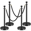 LOVMOR Stainless Steel Stanchion Post, 5 FT Black Carpet Ropes, Stanchion Post with Ball Top, Hollow Base and Velvet Ropes Safety Barriers Set for Party