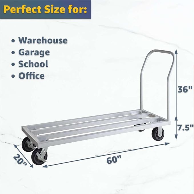 20" x 60" Mobile Aluminum Dunnage Rack - 1600 lb. Capacity, Heavy-Duty Rolling Storage Platform with Handle and Casters, NSF Certified Aluminum Rack for Kitchen, Warehouse, Food Storage