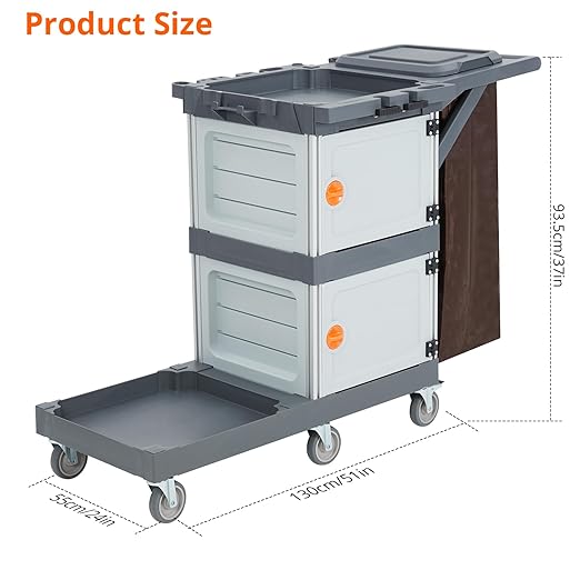 Commercial Janitorial Cart with 2 Cabinet - Black Housekeeping Caddy with Cover, Shelves, and Vinyl Bag
