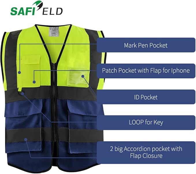 Safety Reflective Work Vest 6 Pack for Men and Women with 8 Pockets and Zipper High Visibility Construction Outerwear